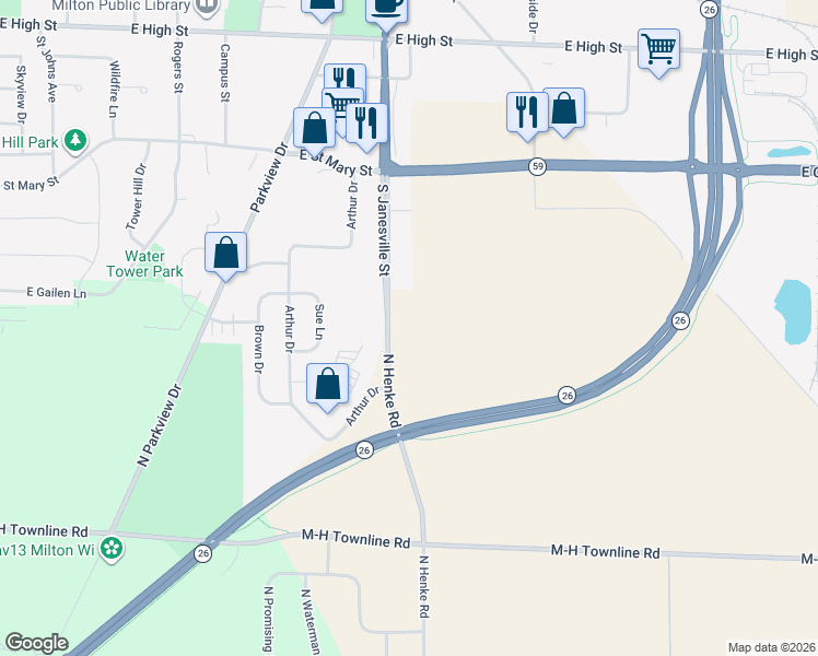 map of restaurants, bars, coffee shops, grocery stores, and more near 6434-6498 South Janesville Street in Milton
