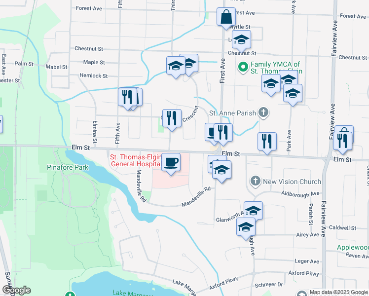 map of restaurants, bars, coffee shops, grocery stores, and more near 232 Elm Street in St. Thomas