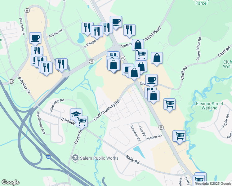 map of restaurants, bars, coffee shops, grocery stores, and more near 103A Cluff Crossing Road in Salem