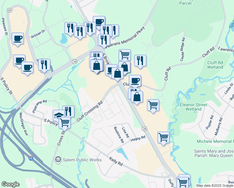 map of restaurants, bars, coffee shops, grocery stores, and more near 99 Cluff Crossing Road in Salem
