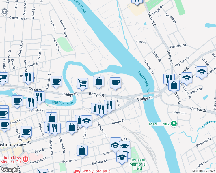 map of restaurants, bars, coffee shops, grocery stores, and more near 9 Sanders Street in Nashua