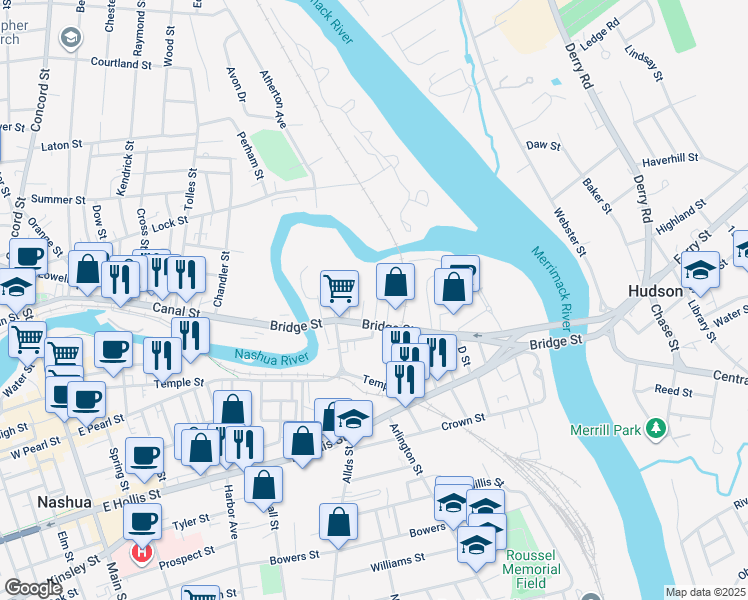 map of restaurants, bars, coffee shops, grocery stores, and more near 25 Van Buren Street in Nashua