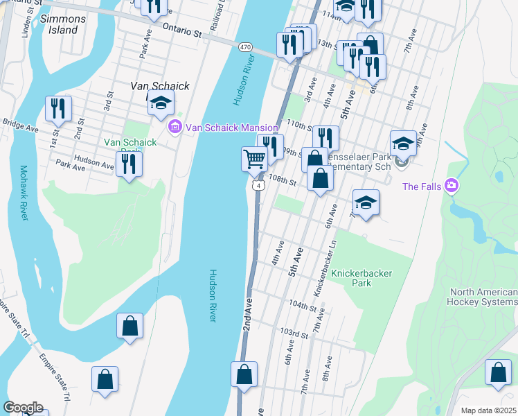 map of restaurants, bars, coffee shops, grocery stores, and more near 325 2nd Avenue in Troy