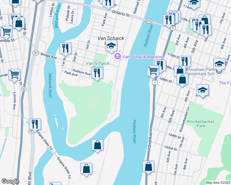 map of restaurants, bars, coffee shops, grocery stores, and more near 77 Delaware Avenue in Cohoes