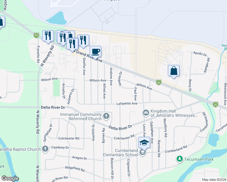 map of restaurants, bars, coffee shops, grocery stores, and more near 3111 Andrew Avenue in Lansing