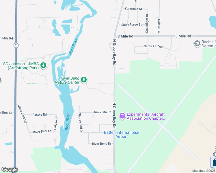 map of restaurants, bars, coffee shops, grocery stores, and more near 3636 North Green Bay Road in Racine