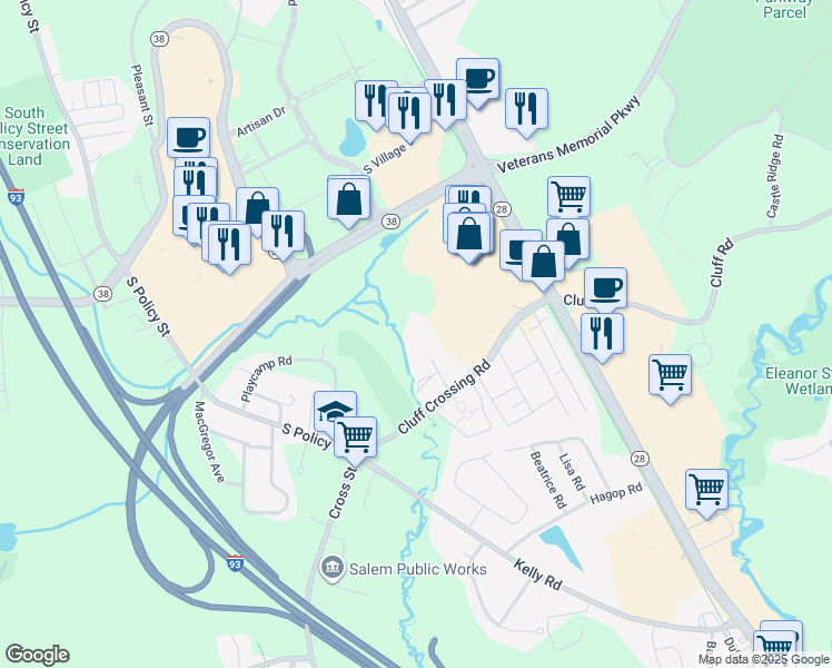 map of restaurants, bars, coffee shops, grocery stores, and more near 11 Lancelot Court in Salem