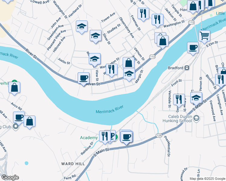 map of restaurants, bars, coffee shops, grocery stores, and more near 73 Margin Street in Haverhill