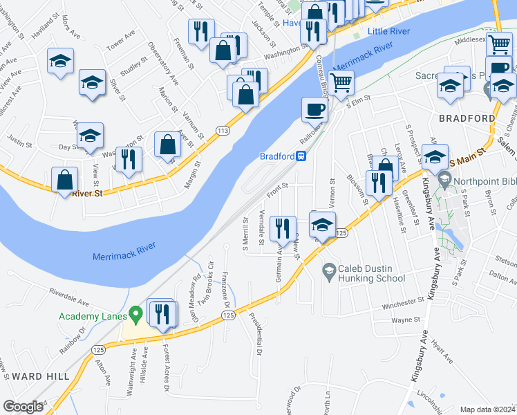 map of restaurants, bars, coffee shops, grocery stores, and more near 3 Verndale Street in Haverhill