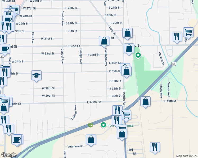 map of restaurants, bars, coffee shops, grocery stores, and more near 118 East 35th Street in Holland