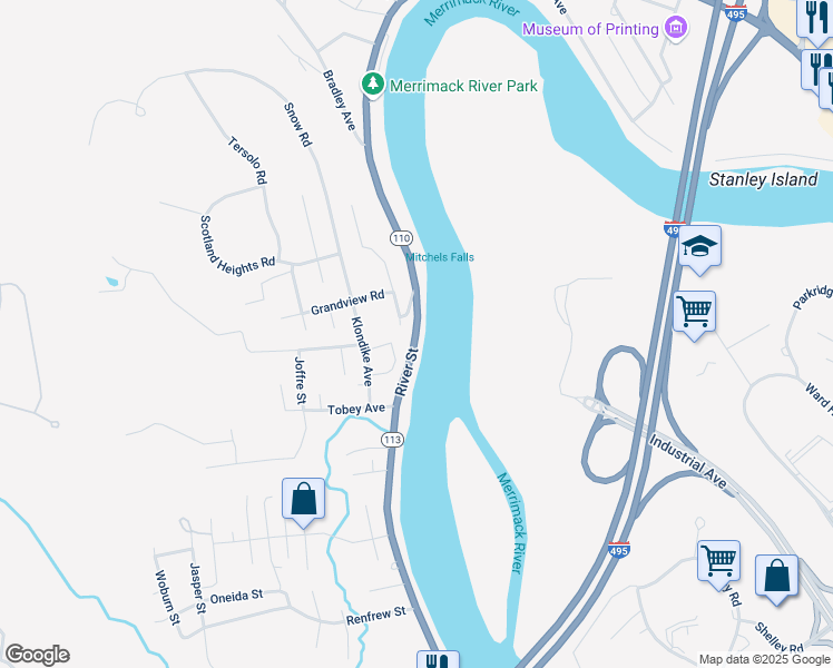 map of restaurants, bars, coffee shops, grocery stores, and more near 1467 River Street in Haverhill