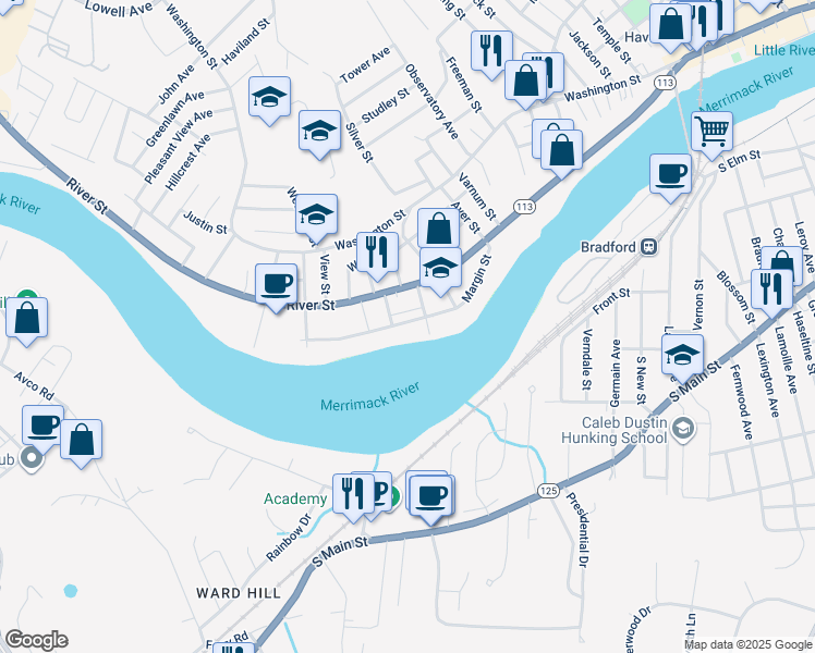 map of restaurants, bars, coffee shops, grocery stores, and more near 73 Margin Street in Haverhill