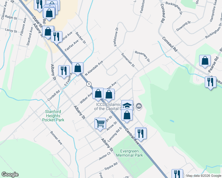map of restaurants, bars, coffee shops, grocery stores, and more near 33 Fullerton Avenue in Schenectady