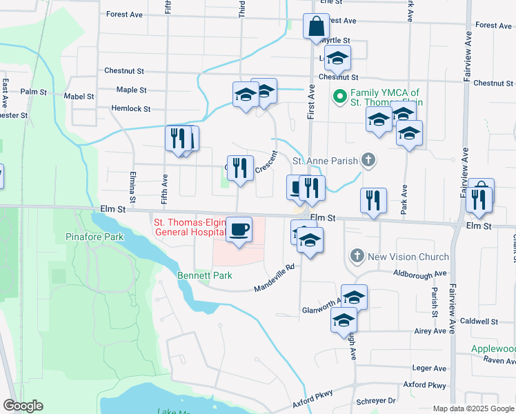 map of restaurants, bars, coffee shops, grocery stores, and more near 25 Coyne Street in St. Thomas