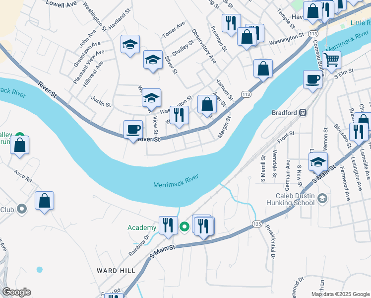 map of restaurants, bars, coffee shops, grocery stores, and more near 59 Margin Street in Haverhill