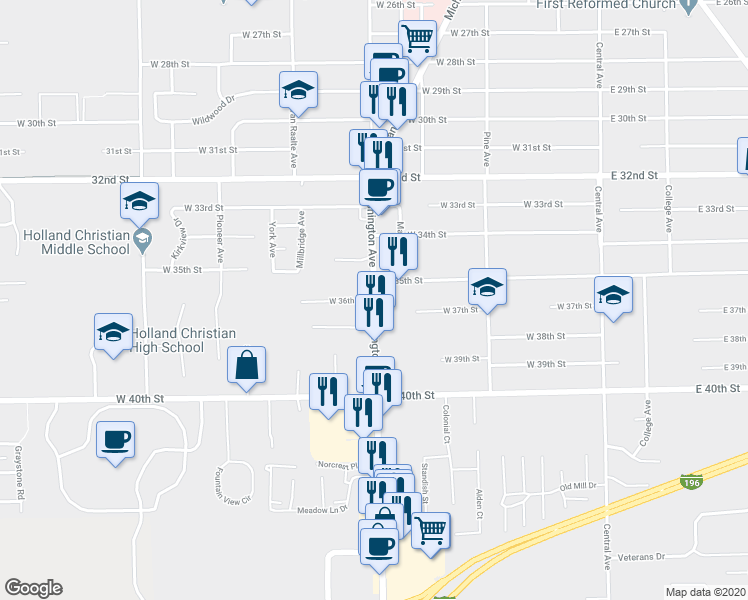 map of restaurants, bars, coffee shops, grocery stores, and more near 893 Washington Avenue in Holland