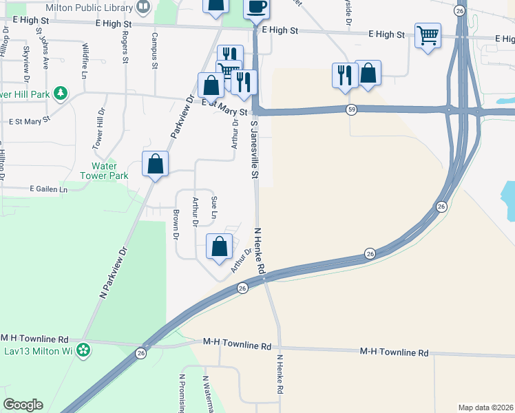 map of restaurants, bars, coffee shops, grocery stores, and more near 6434 South Janesville Street in Milton