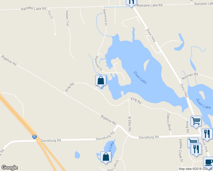 map of restaurants, bars, coffee shops, grocery stores, and more near 10520 King Road in Oakland County