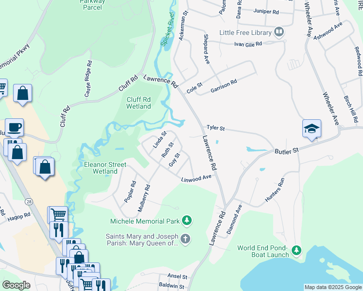map of restaurants, bars, coffee shops, grocery stores, and more near 23 Linda Street in Salem