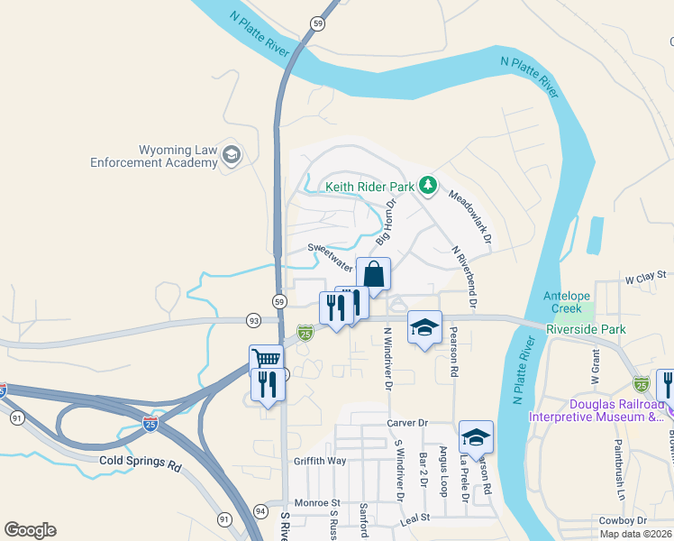 map of restaurants, bars, coffee shops, grocery stores, and more near 1265 Sweetwater Road in Douglas