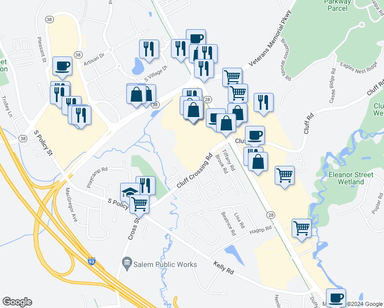 map of restaurants, bars, coffee shops, grocery stores, and more near 11 Lancelot Court in Salem