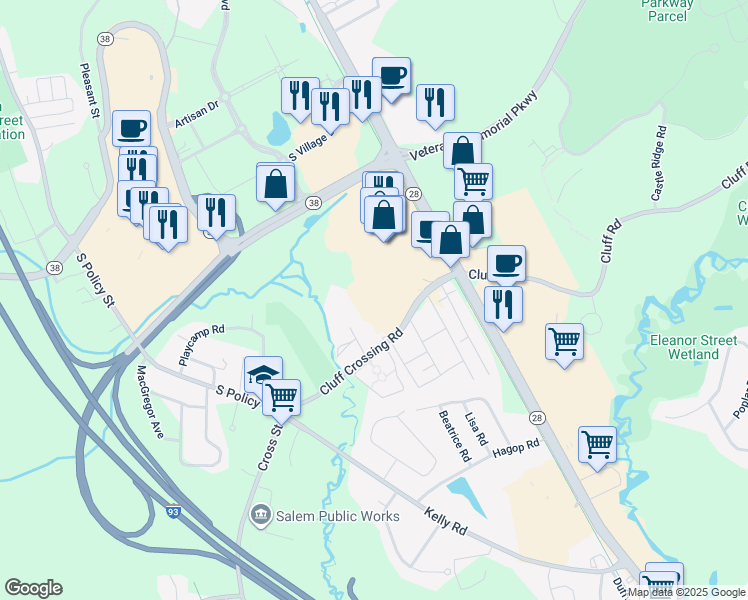 map of restaurants, bars, coffee shops, grocery stores, and more near 11 Lancelot Court in Salem