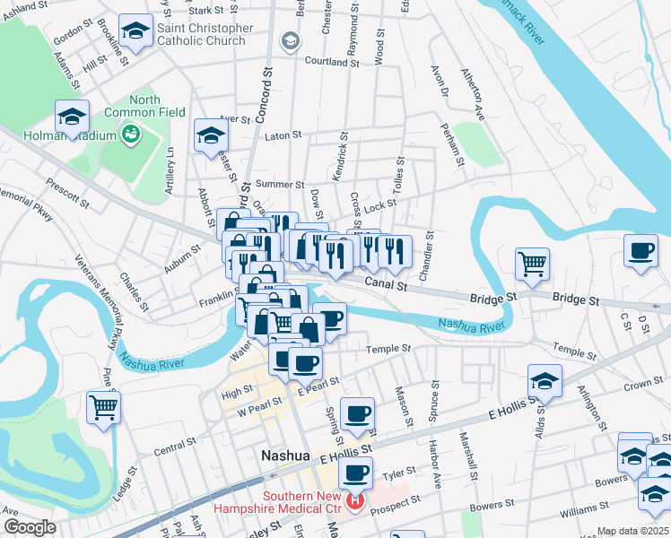 map of restaurants, bars, coffee shops, grocery stores, and more near 2 Holman Street in Nashua
