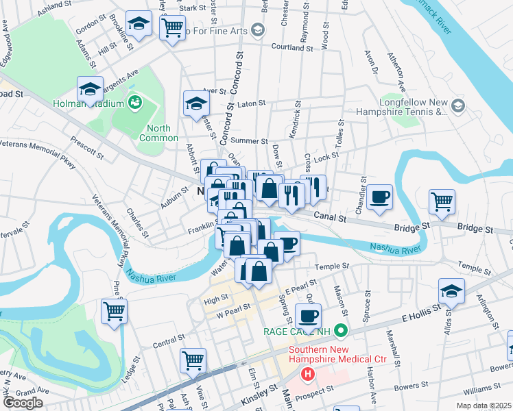 map of restaurants, bars, coffee shops, grocery stores, and more near 51 Lowell Street in Nashua