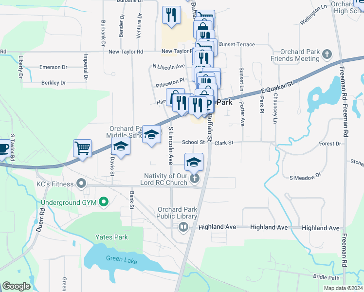 map of restaurants, bars, coffee shops, grocery stores, and more near 67 School Street in Orchard Park