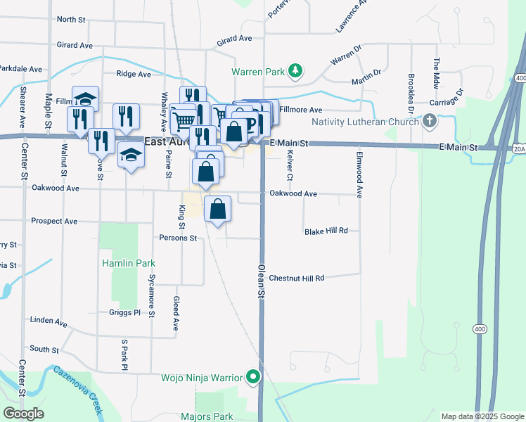 map of restaurants, bars, coffee shops, grocery stores, and more near 112 Olean Street in East Aurora