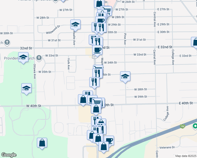 map of restaurants, bars, coffee shops, grocery stores, and more near 891-893 Washington Avenue in Holland