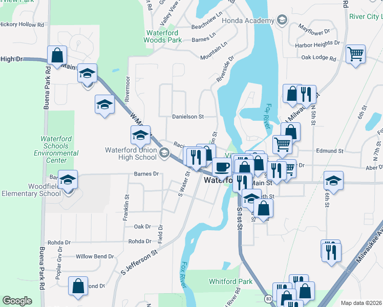 map of restaurants, bars, coffee shops, grocery stores, and more near 411 Racine Street in Waterford