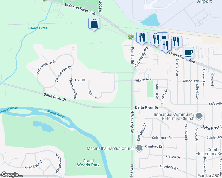 map of restaurants, bars, coffee shops, grocery stores, and more near 3111 Belgian Drive in Lansing