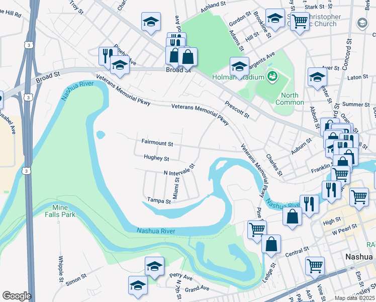 map of restaurants, bars, coffee shops, grocery stores, and more near 34 Fairmount Street in Nashua