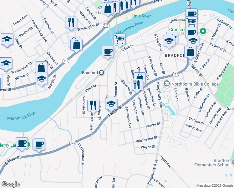map of restaurants, bars, coffee shops, grocery stores, and more near 48 Vernon Street in Haverhill