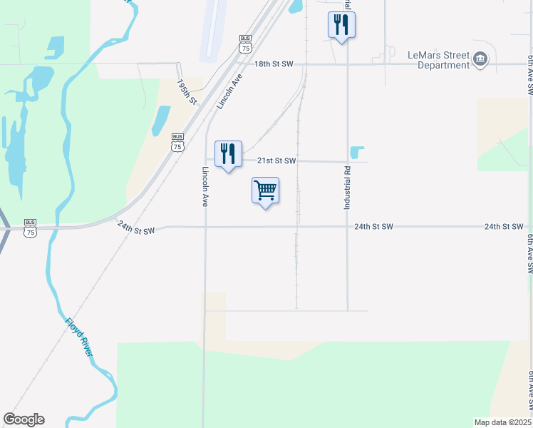 map of restaurants, bars, coffee shops, grocery stores, and more near 1755 24th Steet Southwest in Le Mars