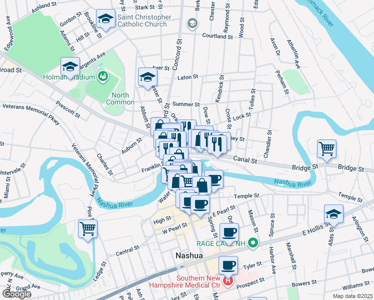 map of restaurants, bars, coffee shops, grocery stores, and more near 24 Railroad Square in Nashua