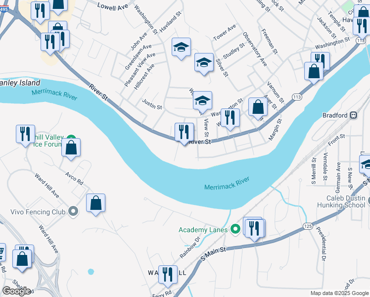 map of restaurants, bars, coffee shops, grocery stores, and more near 558 River Street in Haverhill