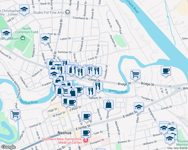 map of restaurants, bars, coffee shops, grocery stores, and more near 4 Martin Street in Nashua