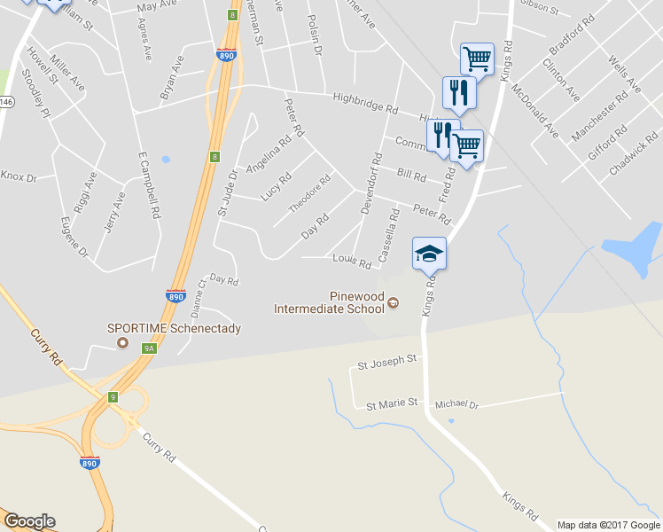 map of restaurants, bars, coffee shops, grocery stores, and more near 1023 Louis Road in Schenectady
