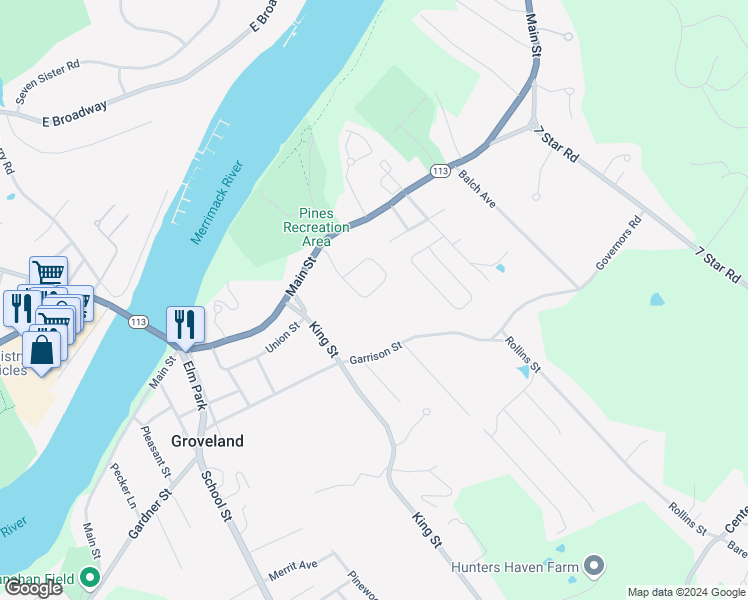 map of restaurants, bars, coffee shops, grocery stores, and more near 1 Manor Drive in Groveland