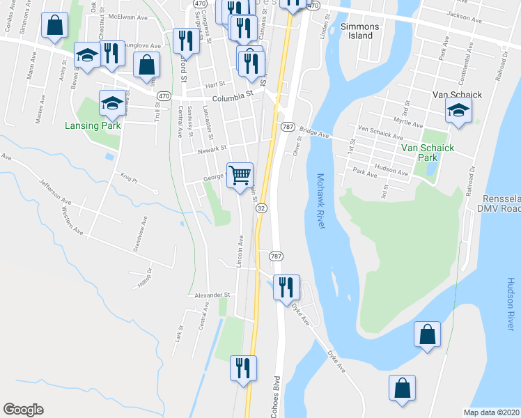 map of restaurants, bars, coffee shops, grocery stores, and more near 338 Saratoga Street in Cohoes