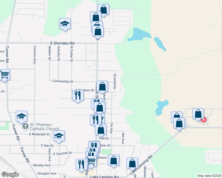 map of restaurants, bars, coffee shops, grocery stores, and more near 3114 Garland Street in Lansing