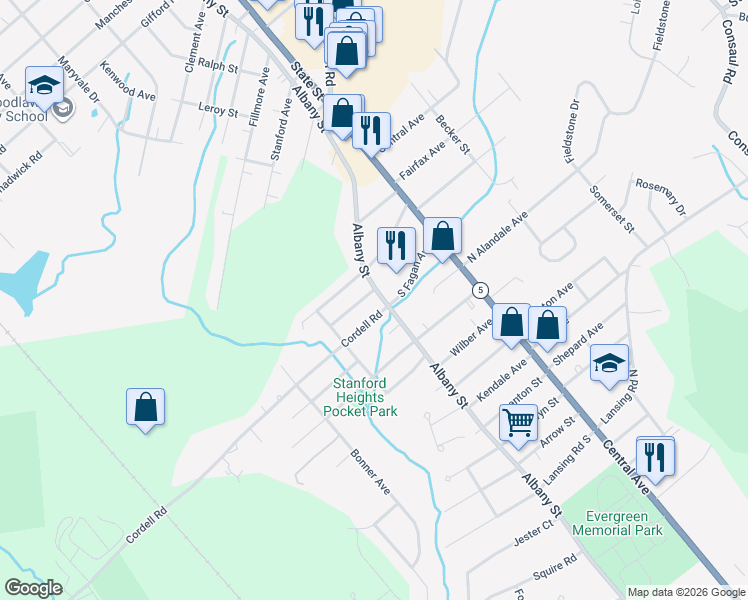 map of restaurants, bars, coffee shops, grocery stores, and more near 3910 Albany Street in Schenectady