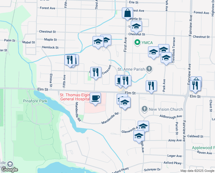 map of restaurants, bars, coffee shops, grocery stores, and more near 25 Coyne Street in Saint Thomas