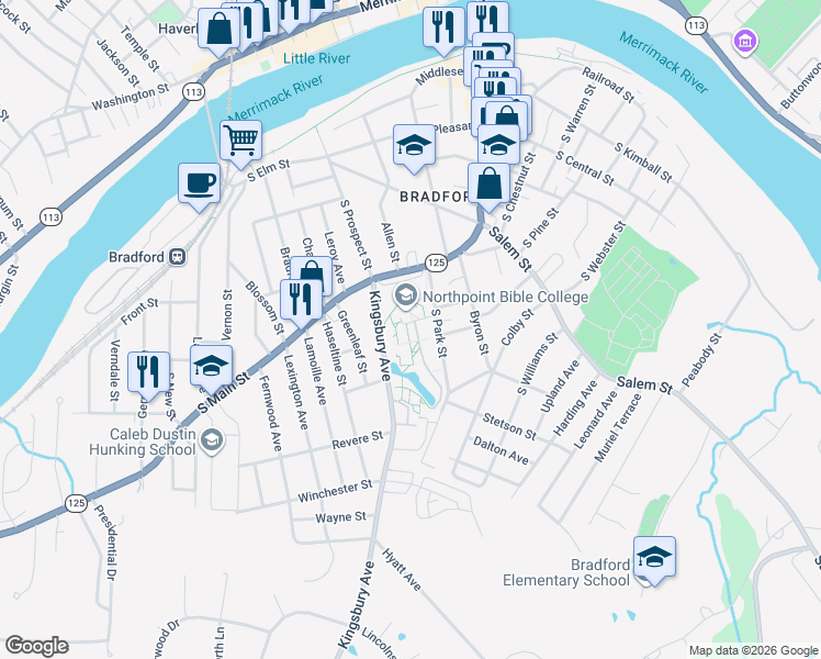 map of restaurants, bars, coffee shops, grocery stores, and more near 320 South Park Street in Haverhill