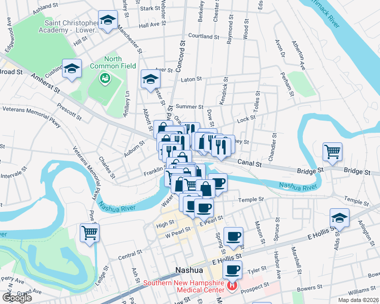 map of restaurants, bars, coffee shops, grocery stores, and more near 24 Railroad Square in Nashua