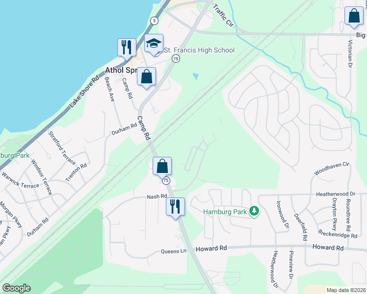 map of restaurants, bars, coffee shops, grocery stores, and more near 4543 Camp Road in Hamburg