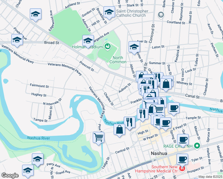 map of restaurants, bars, coffee shops, grocery stores, and more near 4 Highland Street in Nashua