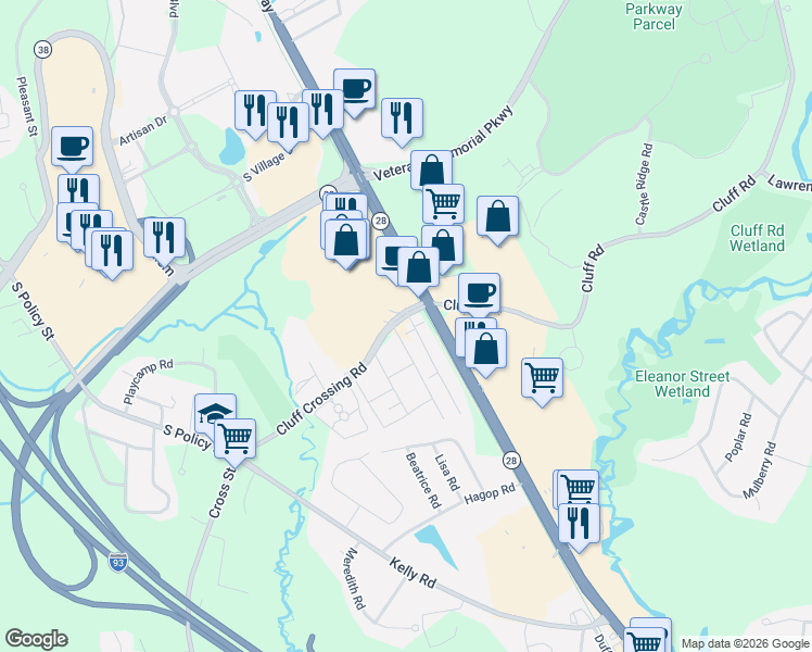 map of restaurants, bars, coffee shops, grocery stores, and more near 99 Cluff Crossing Road in Salem